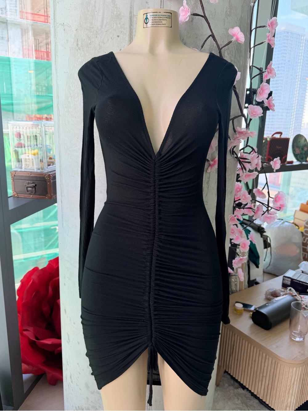Fashion Nova Black Runched Long Sleeve Bodycon Dress Size Small